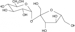 Den kjemiske strukturen for sukrose ,også kjent som sukker.